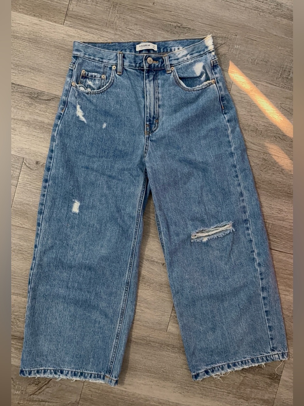Pull&Bear Wide-Leg Distressed Blue Jeans
